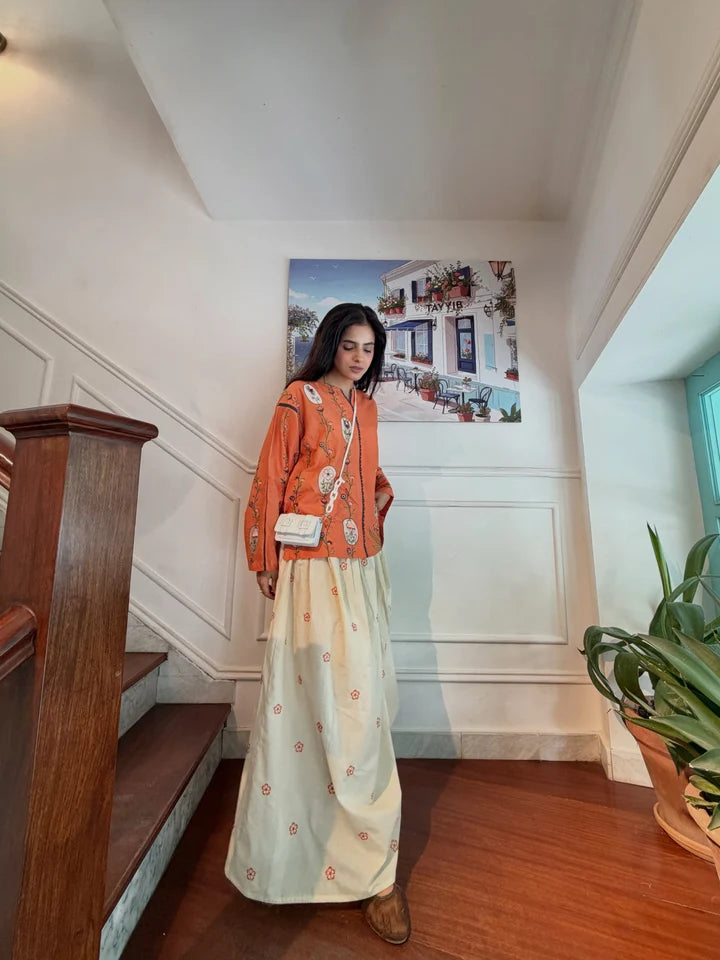 Printed Short Shirt With Long Embroidered Skirt