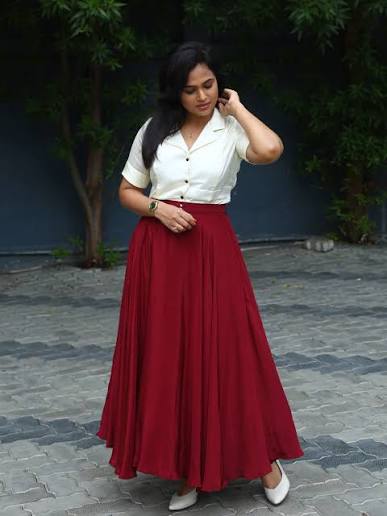 Elegant Maroon Pleated Maxi Skirt with White Blouse for Women
