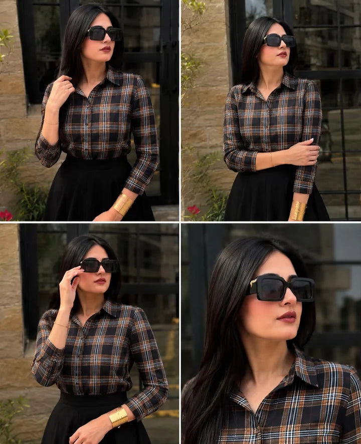 print button down shirt with extra flair skirt