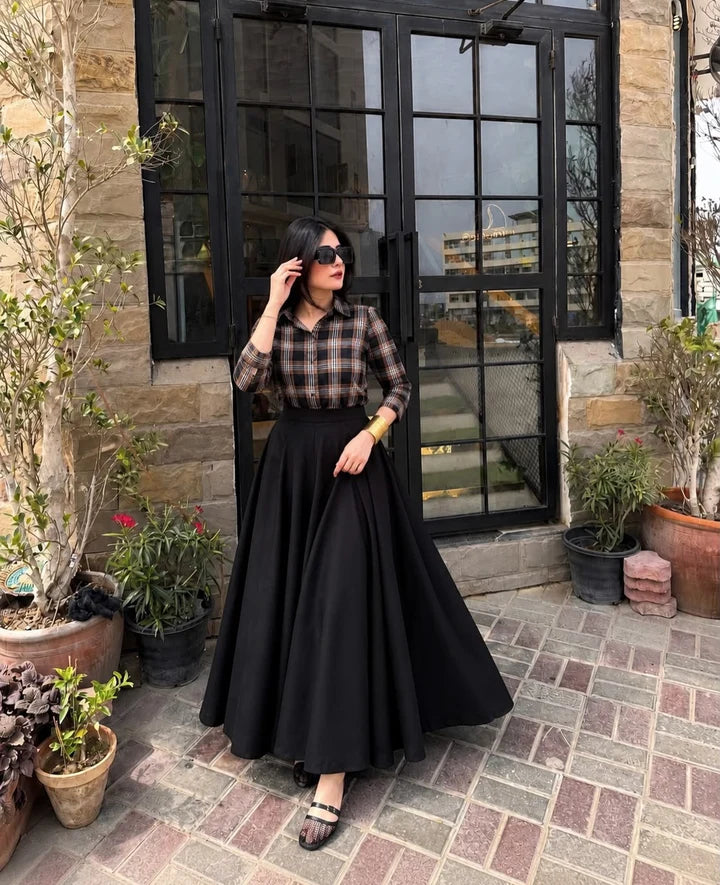 print button down shirt with extra flair skirt