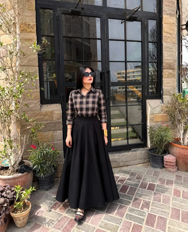 print button down shirt with extra flair skirt